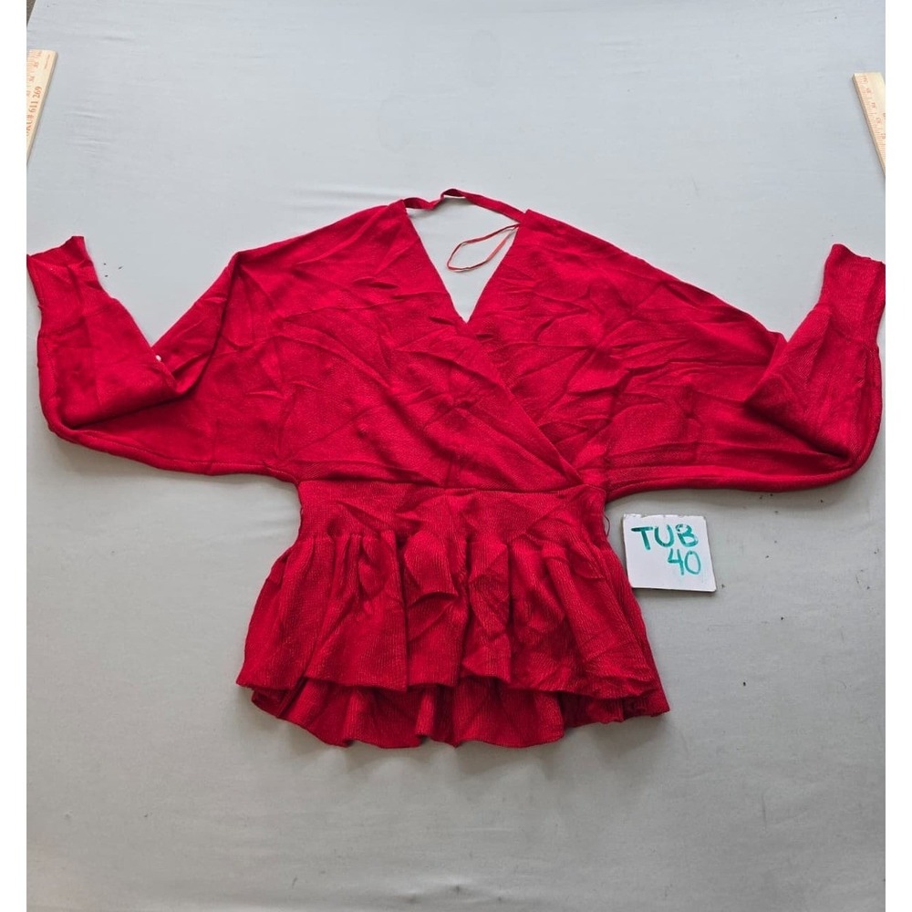 Luxo Boutique Red Pearl Embellished Wrap Peplum Knit Top Small Dolman Sleeve